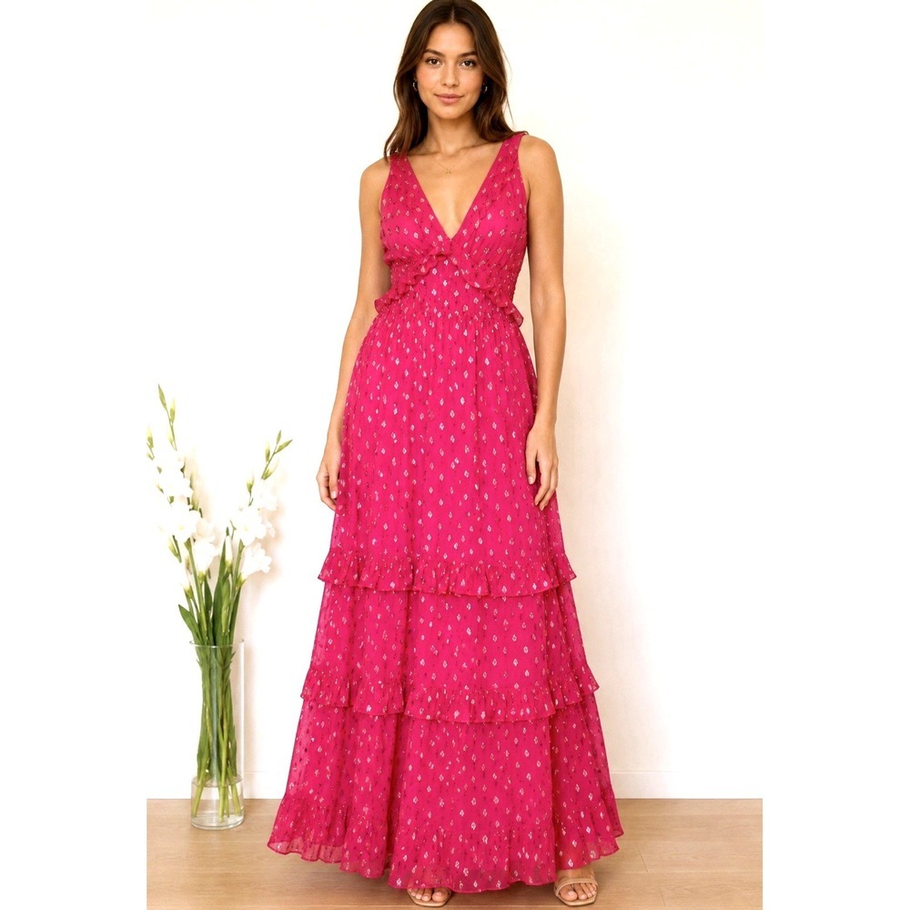 NEW! En Creme Metallic Tiered Ruffle Maxi Dress Magenta Pink SZ M